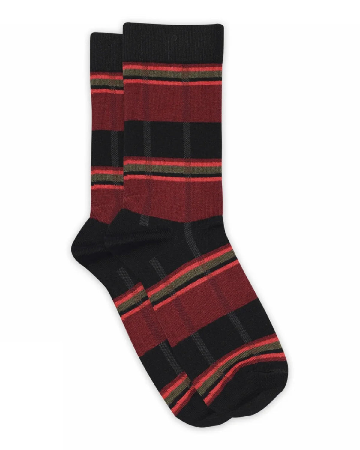Crew cotton socks with black and red vertical stripes.