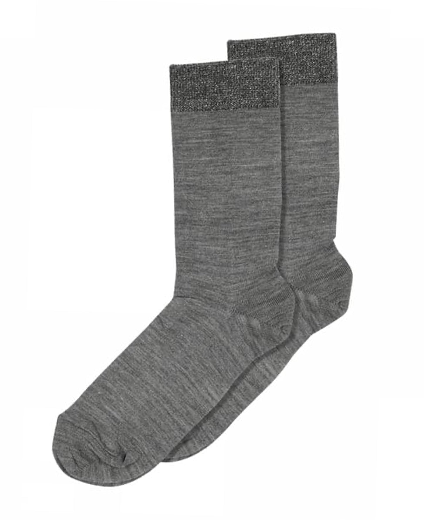 Pair of grey socks with a silver glitter cuff on white background