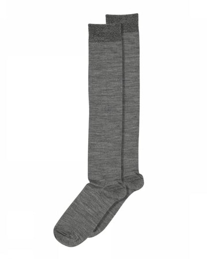 MP Wool & Silk Knee-High Socks - Gey warm and soft thermal knee high sock with a sparkly silver lamé ribbed cuff.