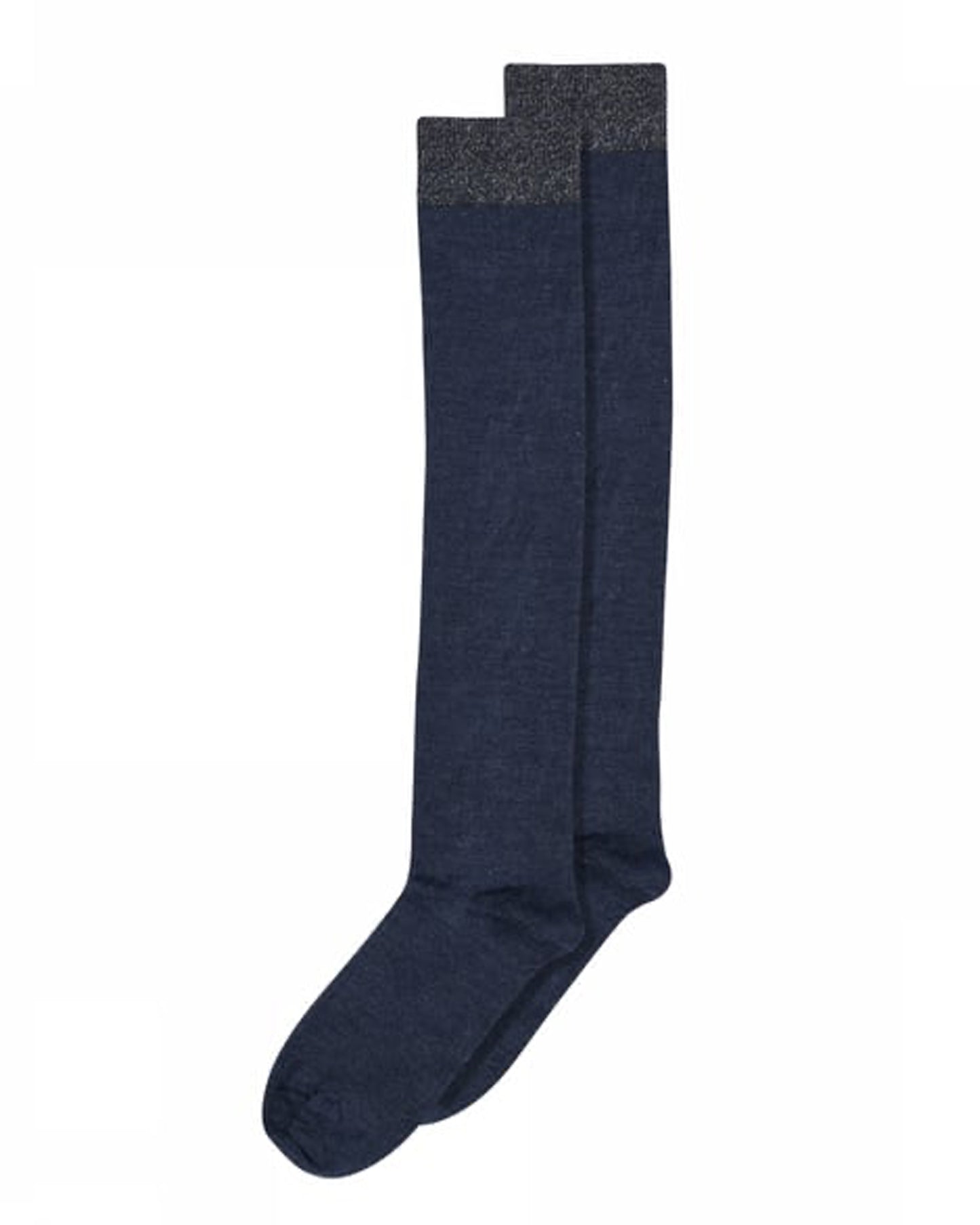 MP Wool & Silk Knee-High Socks - Navy warm and soft thermal knee high sock with a sparkly silver lamé ribbed cuff.