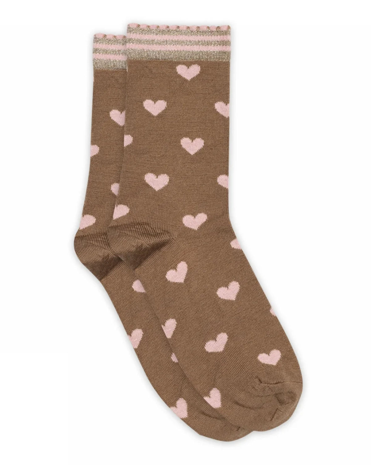 Light brown crew length ankle with pale pink heart pattern
