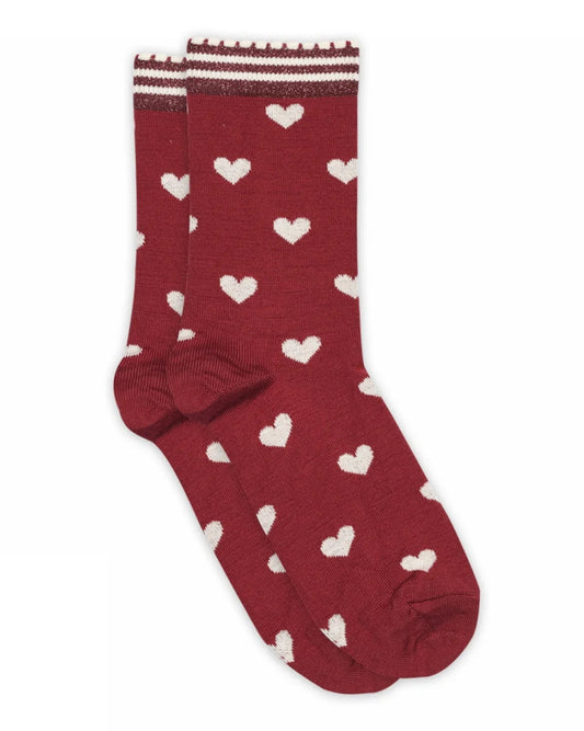 Dark red crew length ankle with white heart pattern