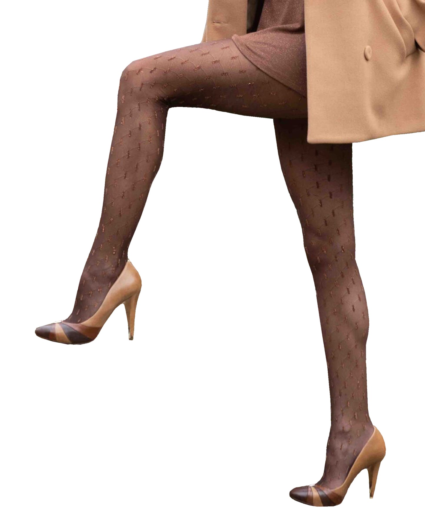 Omero 113735 Brilliant Collant - Sheer brown fashion tights with a honeycomb style pattern with bronze glitter dotted lines, worn with brown dress, tan coat and high heels.