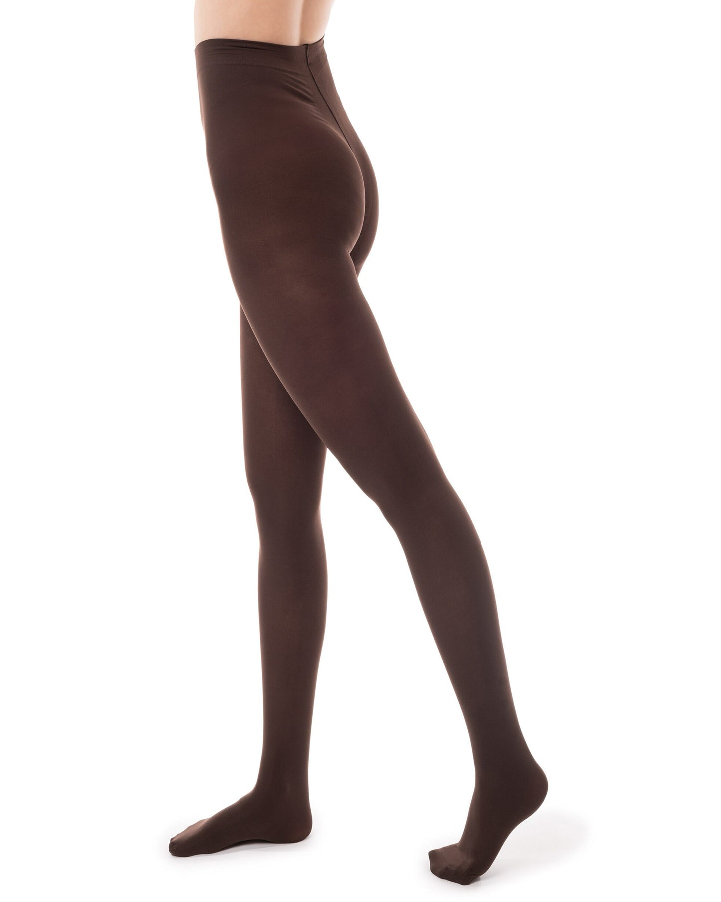Brown tights worn by a person on a white background