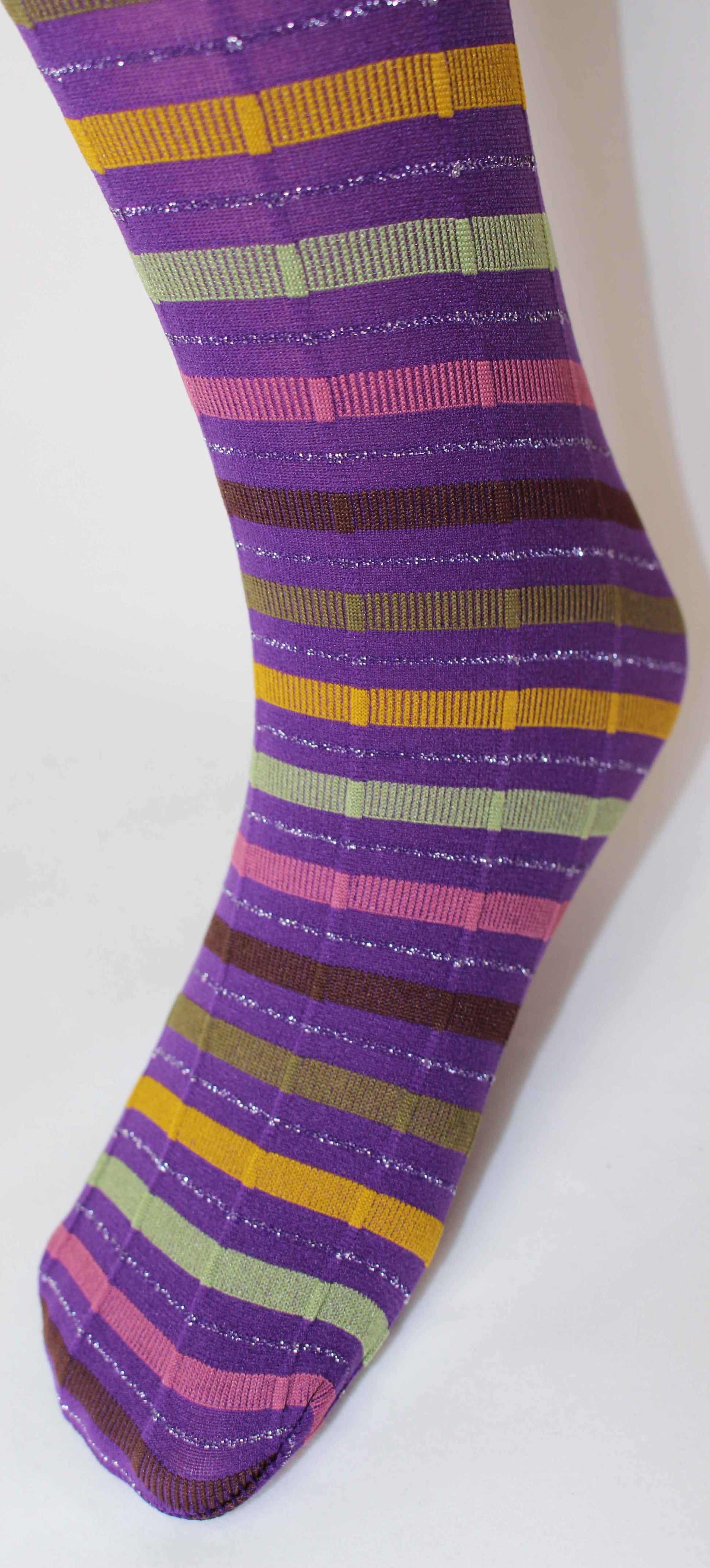 Omsa Serenella Festival Collant - Dark purple soft opaque children's fashion tights with a multicoloured horizontal striped pattern in brown, khaki green, pale pink, mustard, sage green and sparkly silver and a subtle vertical stripe rib.