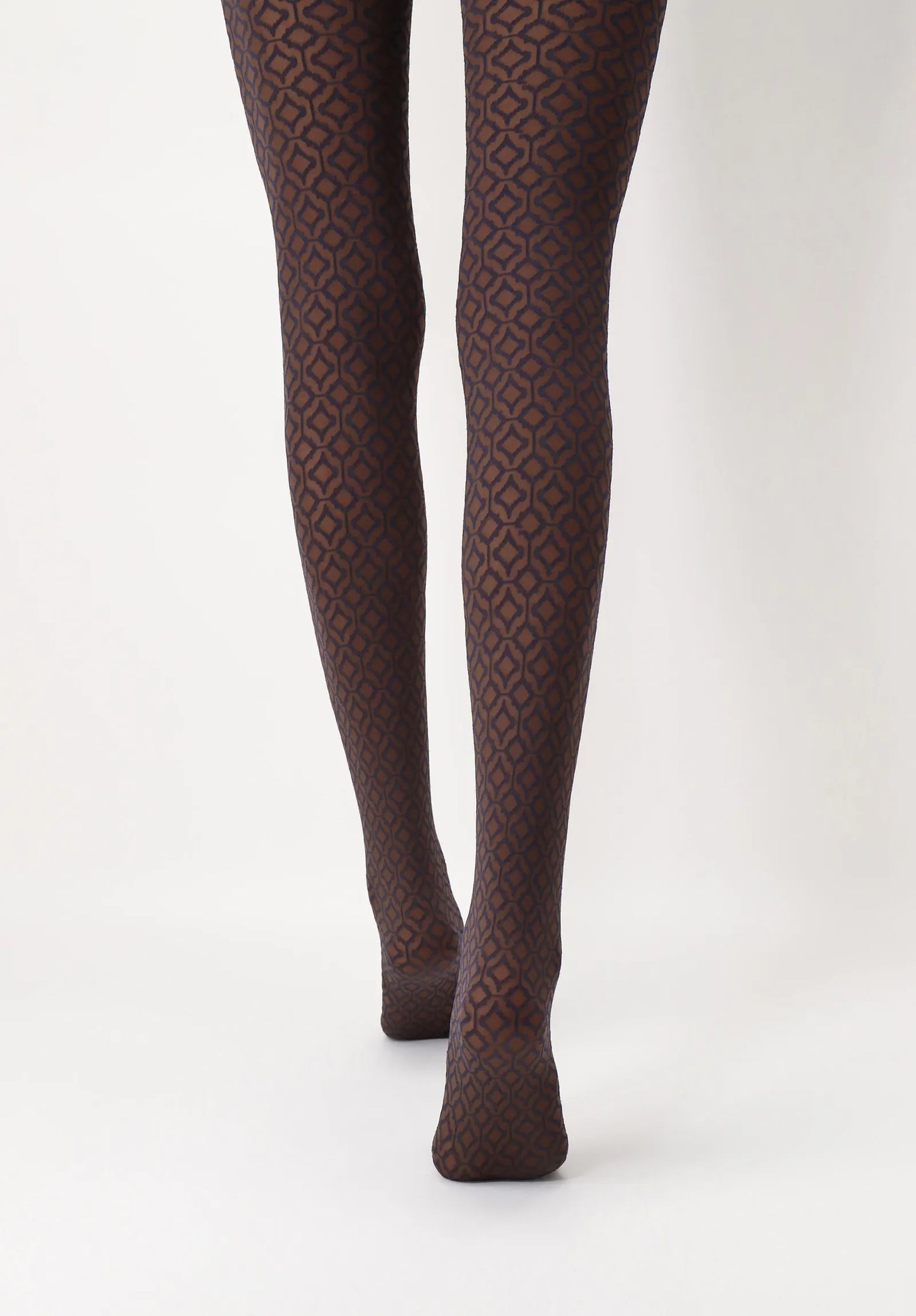 Oroblù I Love First Class Geometric Collant - Brown opaque fashion tights with an all over geometric diamond pattern in navy.