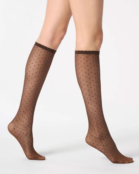 Sheer brown tulle-effect knee-highs with micro polka dot pattern and narrow elasticated cuff with scalloped edge.