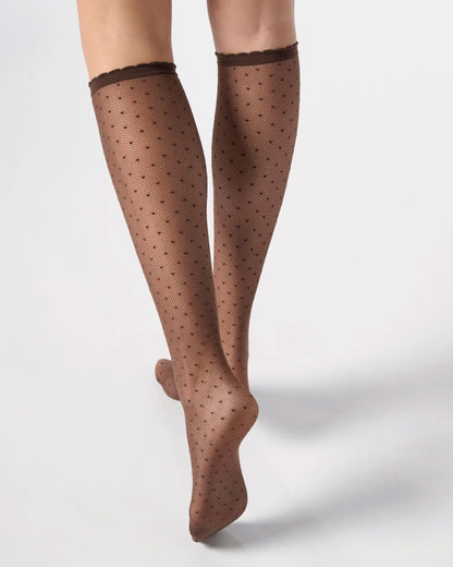 Sheer brown micro mesh knee-highs with micro polka dot pattern and narrow elasticated cuff with scalloped edge.