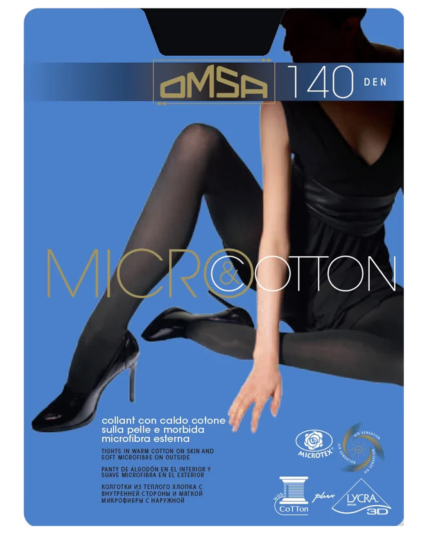 Omsa Micro & Cotton Tights - ultra opaque matte cotton lined winter thermal tights packet.