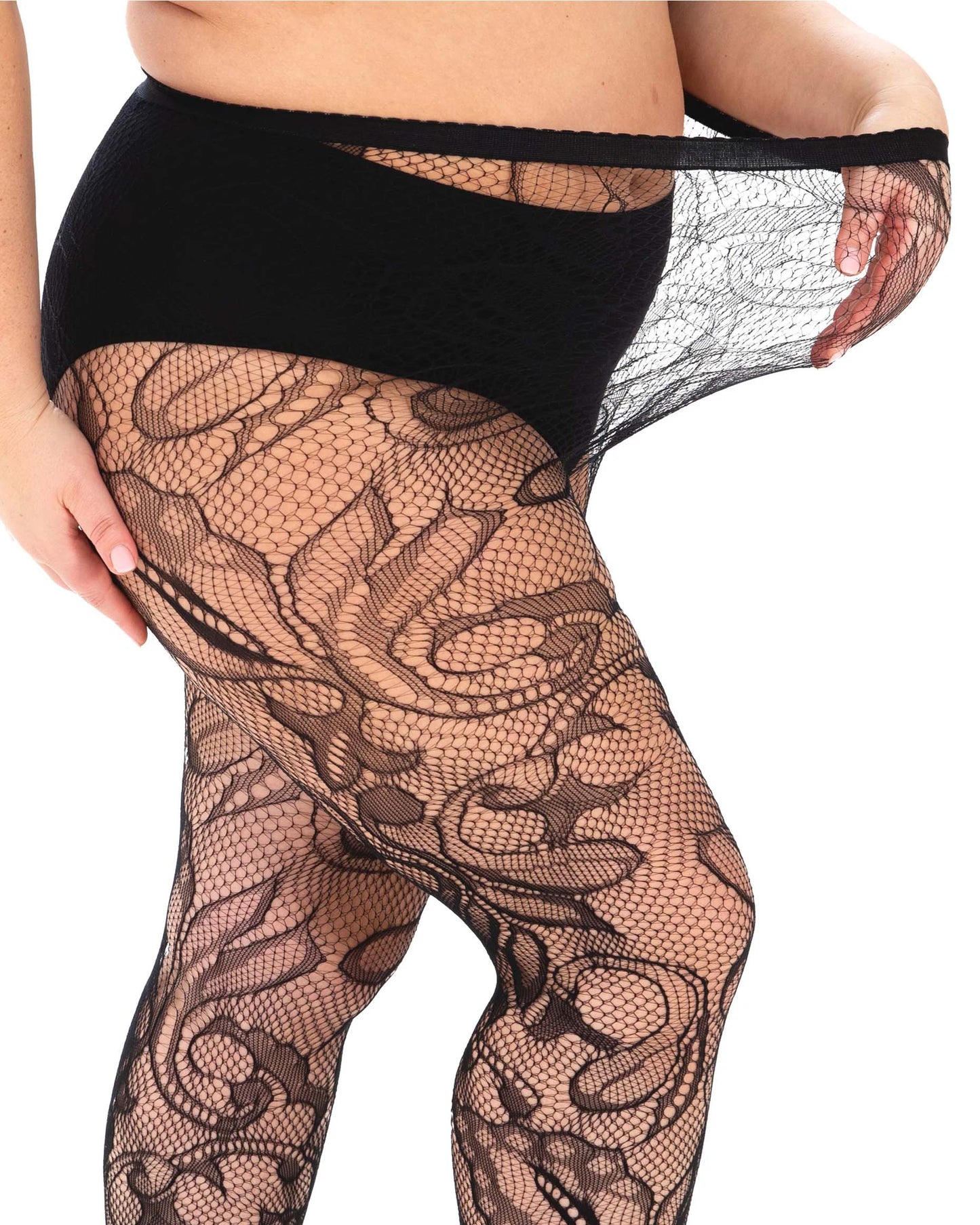 Pamela Mann Botanical Lace Curvy Tights - Black super stretch plus size seamless fishnet tights with a floral swirl lace style pattern. Side view.