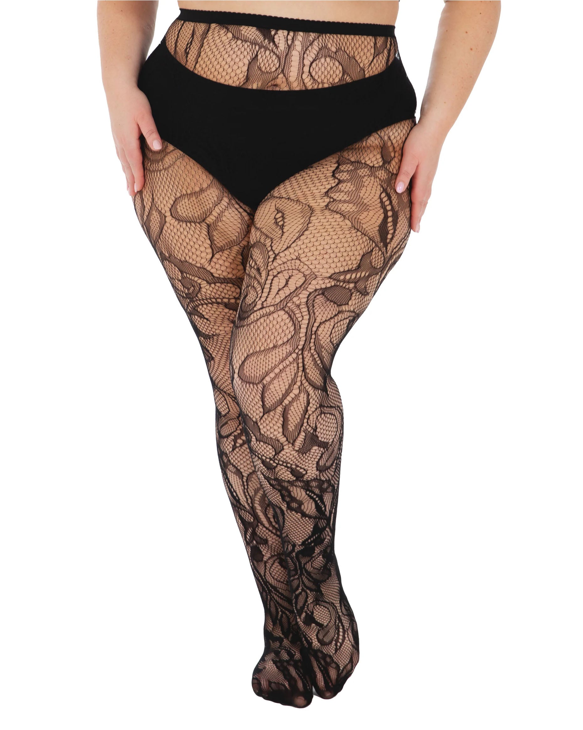 Pamela Mann Botanical Lace Curvy Tights - Black super stretch plus size seamless fishnet tights with a floral swirl lace style pattern.