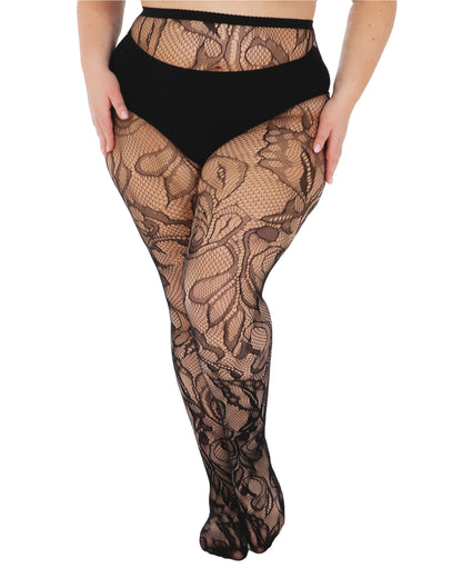 Pamela Mann Botanical Lace Curvy Tights - Black super stretch plus size seamless fishnet tights with a floral swirl lace style pattern.