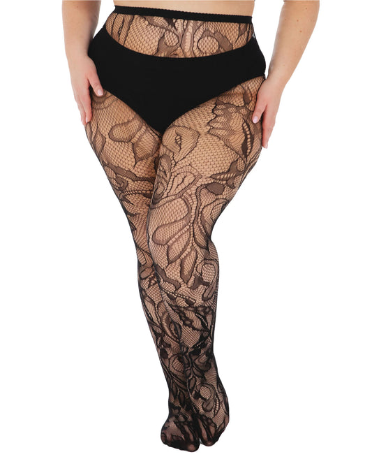Pamela Mann Botanical Lace Curvy Tights - Black super stretch plus size seamless fishnet tights with a floral swirl lace style pattern.