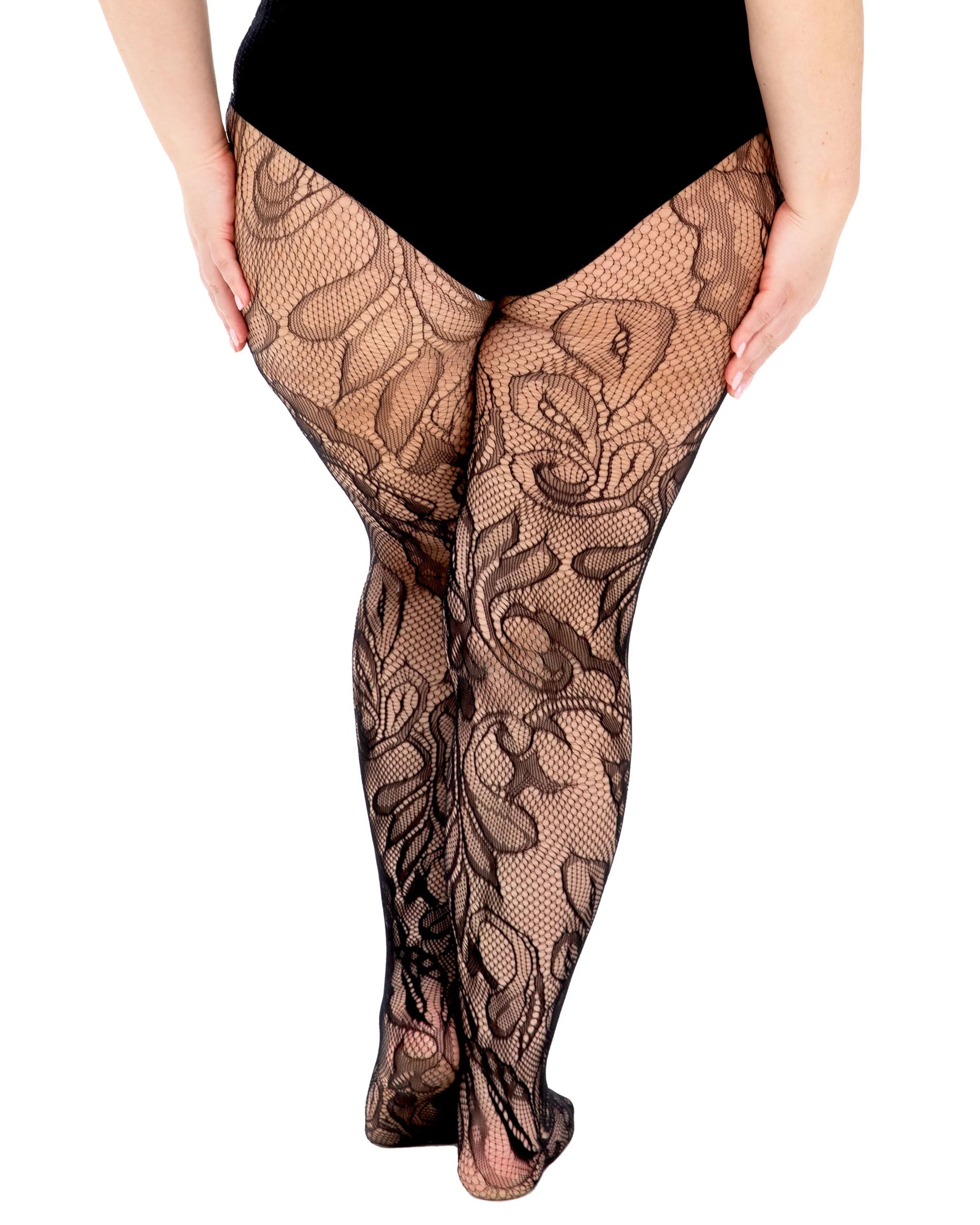 Pamela Mann Botanical Lace Curvy Tights - Black super stretch plus size seamless fishnet tights with a floral swirl lace style pattern. Back view.