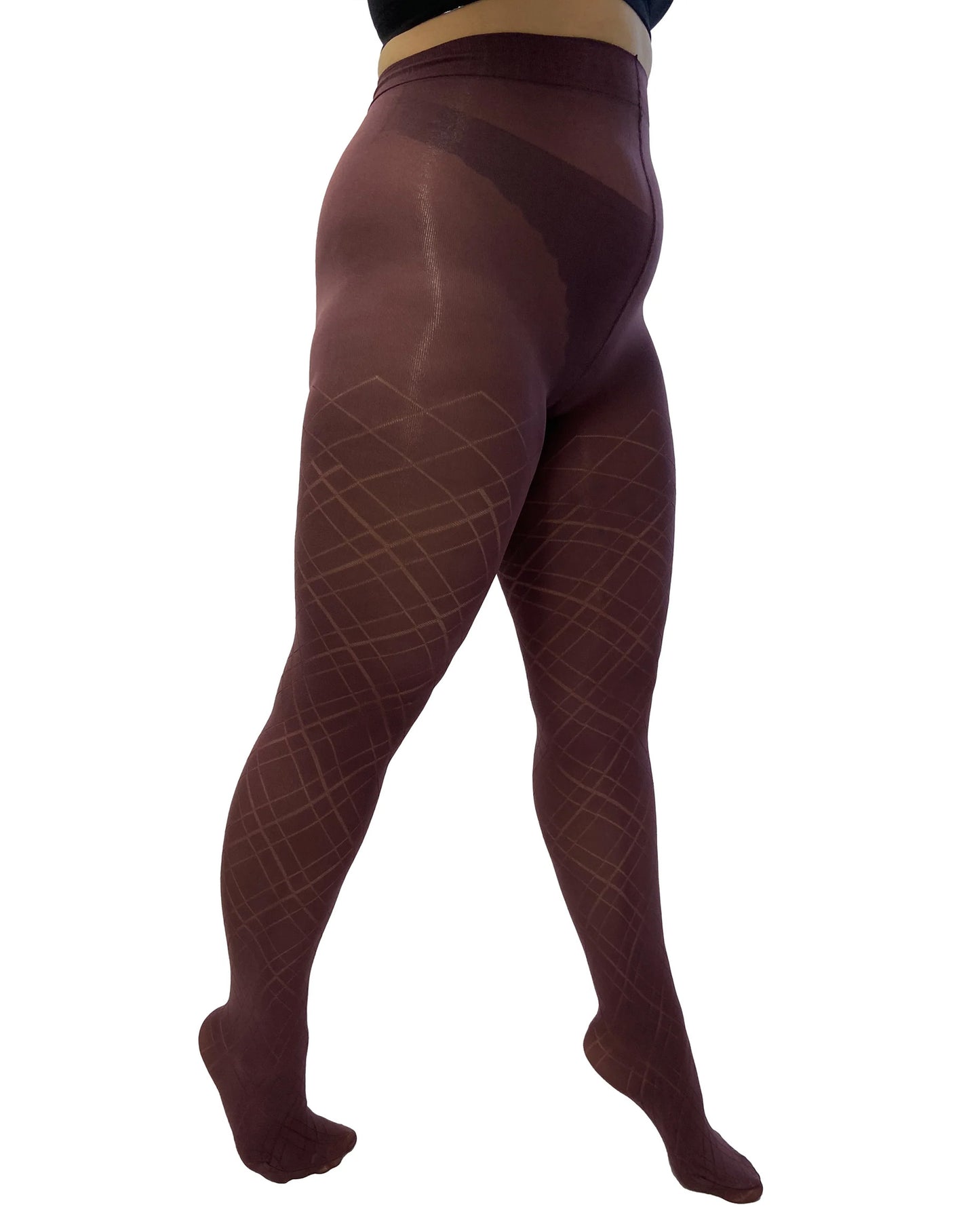 Pamela Mann Curvy Diamond Tights - Wine opaque plus size fashion tights with a sheer linear plaid style diamond pattern