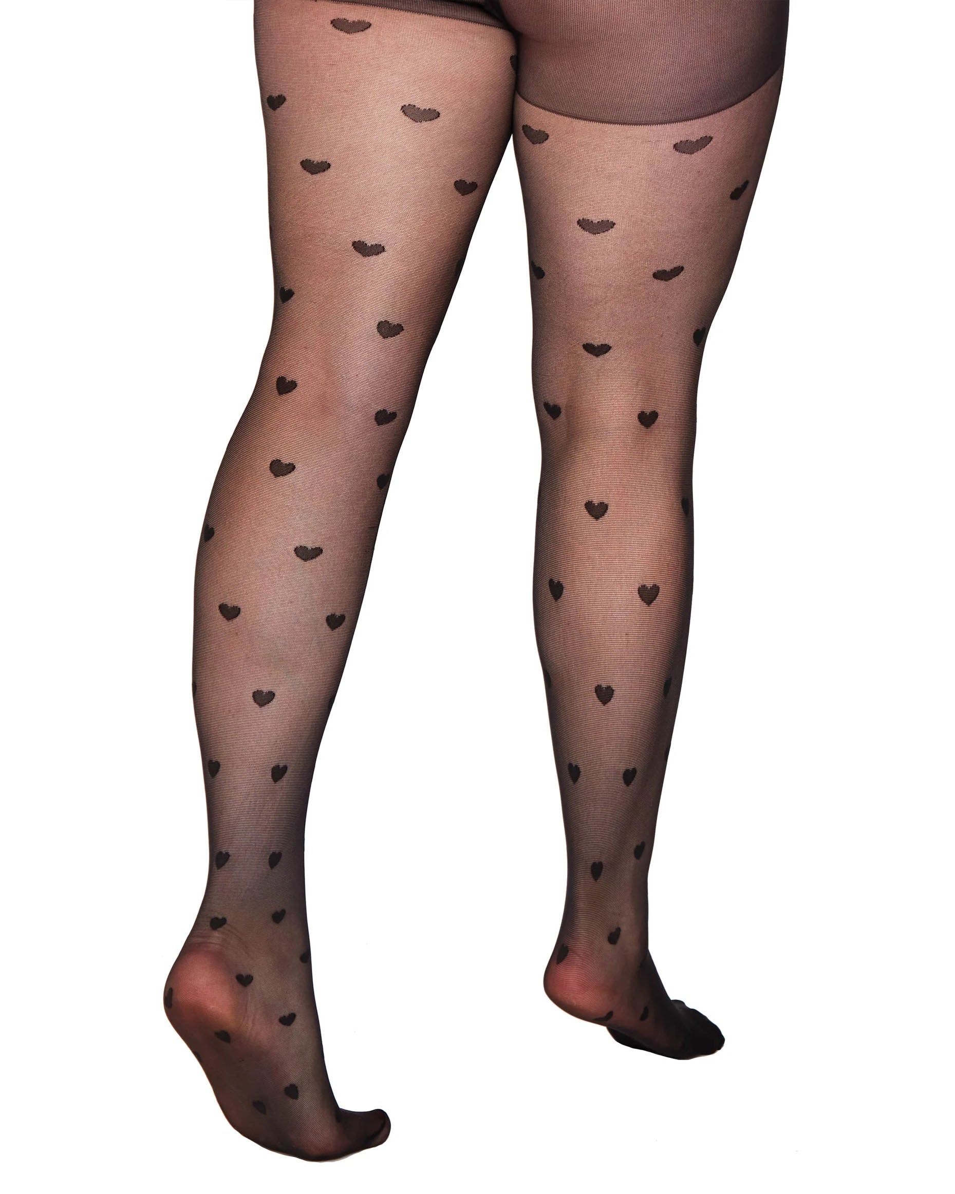 Pamela Mann Curvy Heart tights (Back View) - Sheer black plus size fashion tights with an all over woven heart pattern and semi-opaque boxer top.