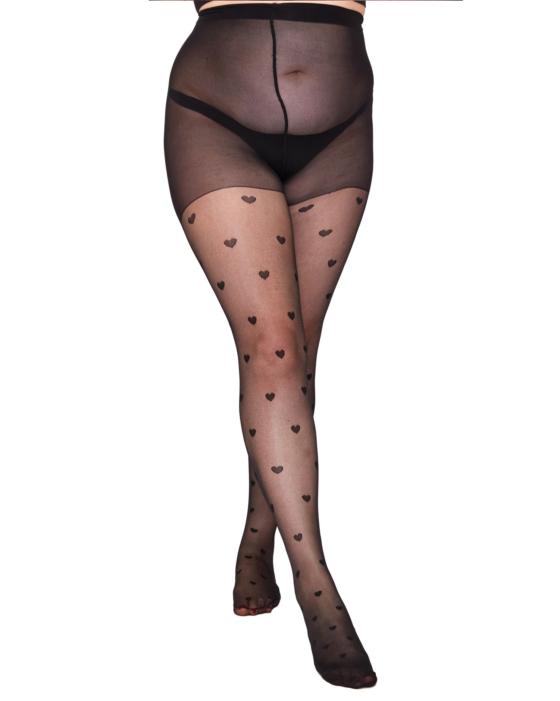 Pamela Mann Curvy Heart Tights - Sheer black plus size fashion tights with an all over woven heart pattern and semi-sheer boxer top.