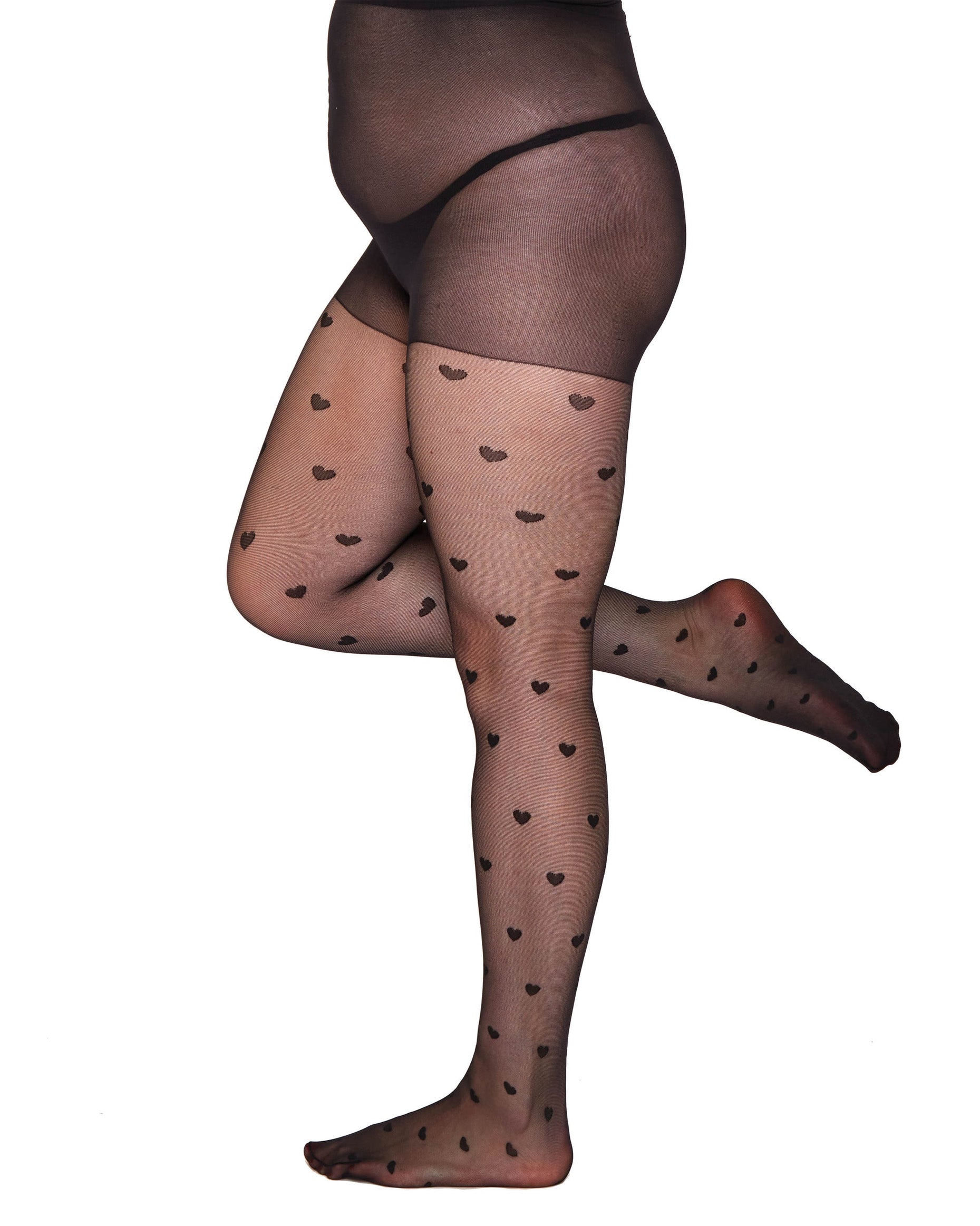Pamela Mann Curvy Heart Tights - Sheer black plus size fashion tights with an all over woven heart pattern and opaque boxer top.