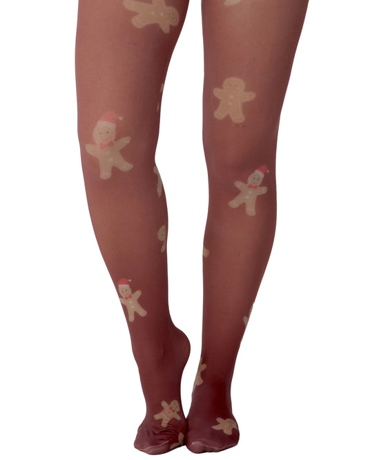Pamela Mann Gingerbread Tights - White opaque fashion tights with an all over gingerbread man pattern with burgundy coloured background.