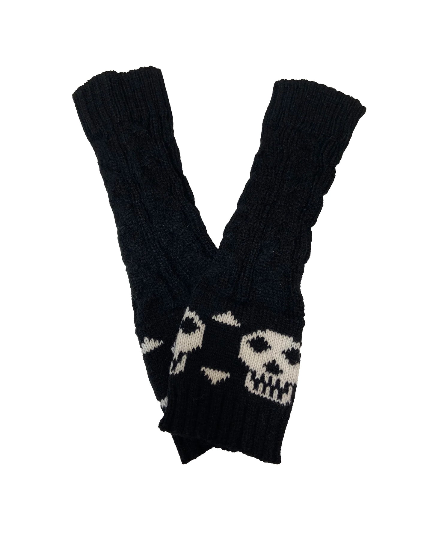 Pamela Mann Skull & Crossbone Fingerless Gloves - Black chunky knitted long fingerless arm warmer sleeves with a stylised skull and cross-bone design.