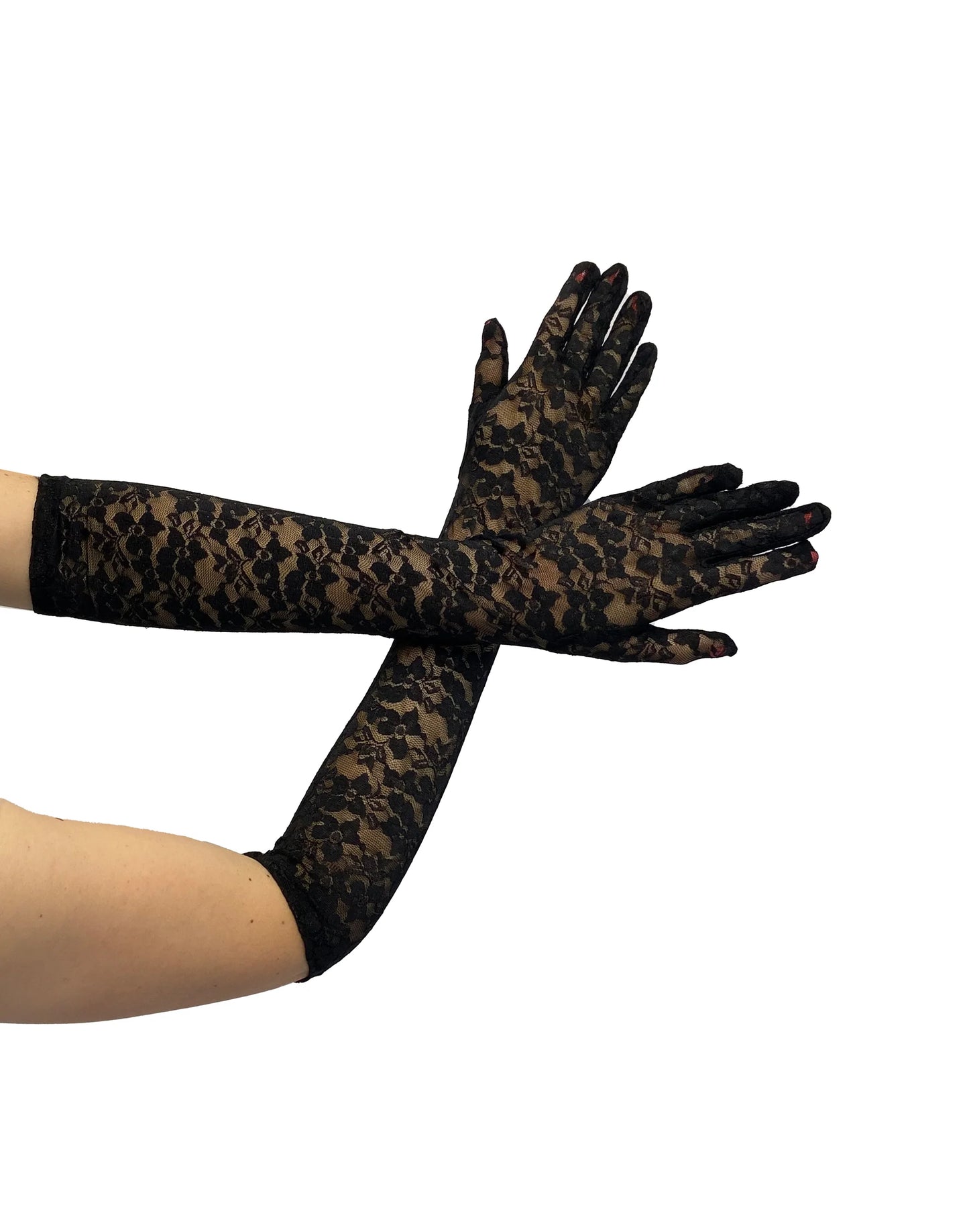Pamela Mann Opera Lace Gloves - Black floral lace long over the elbow gloves.