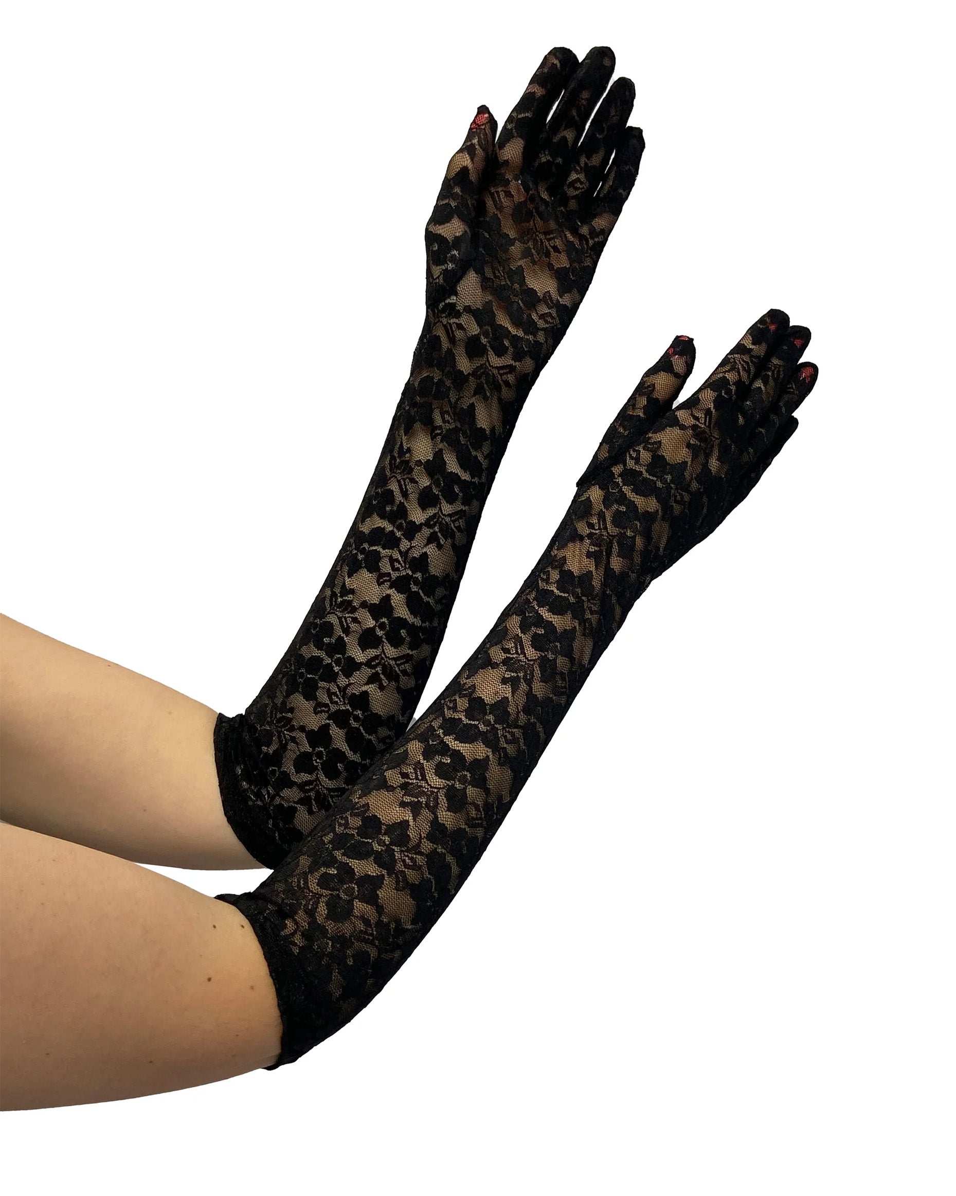 Pamela Mann Opera Lace Gloves - Black floral lace long over the elbow gloves.
