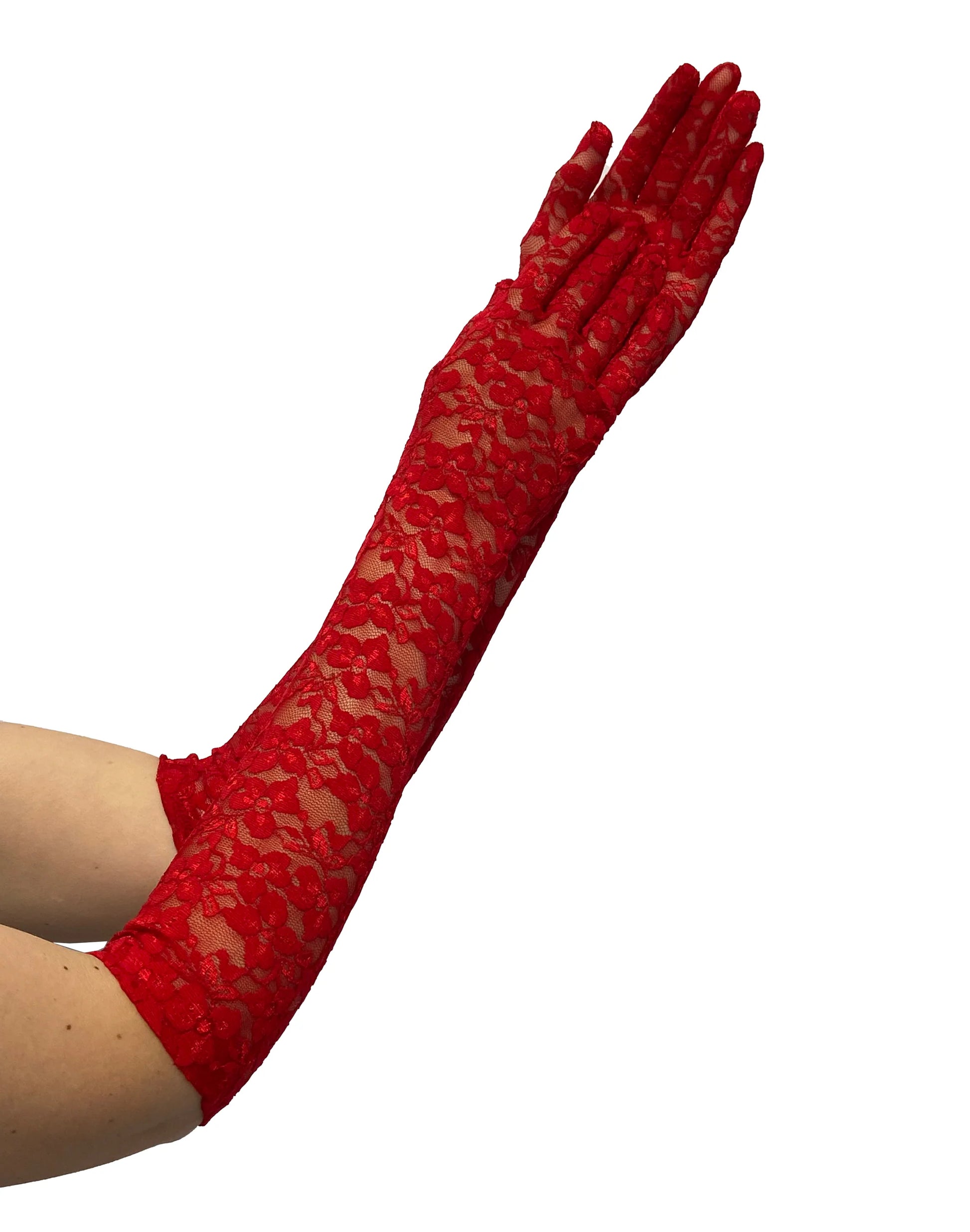 Pamela Mann Opera Lace Gloves - Red floral lace long over the elbow gloves.