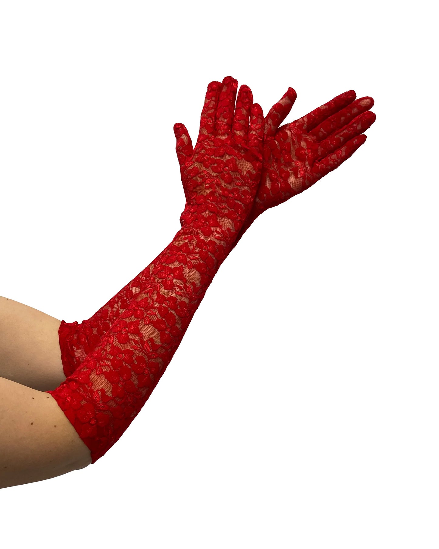 Pamela Mann Opera Lace Gloves - Red floral lace long over the elbow gloves.