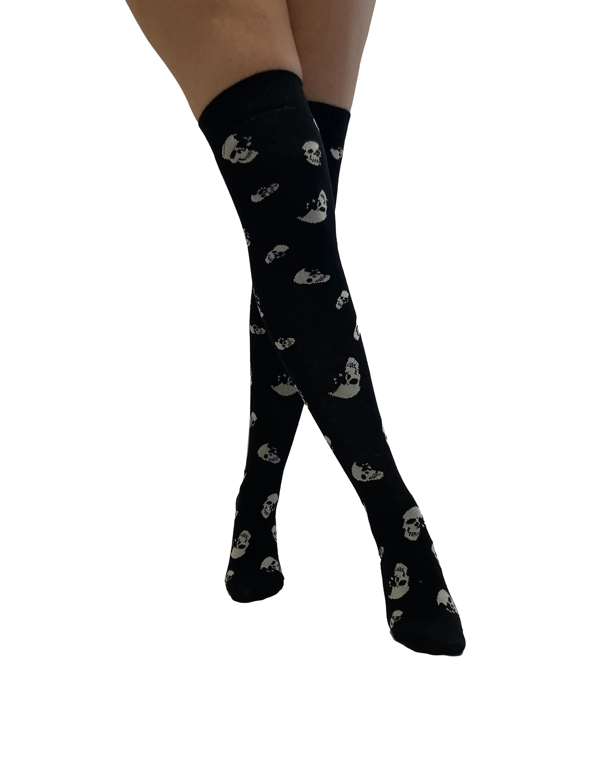 Pamela Mann Skull Over-Knee Socks - Black cotton mix over the knee long socks with a white all over skull pattern. Perfect for Halloween