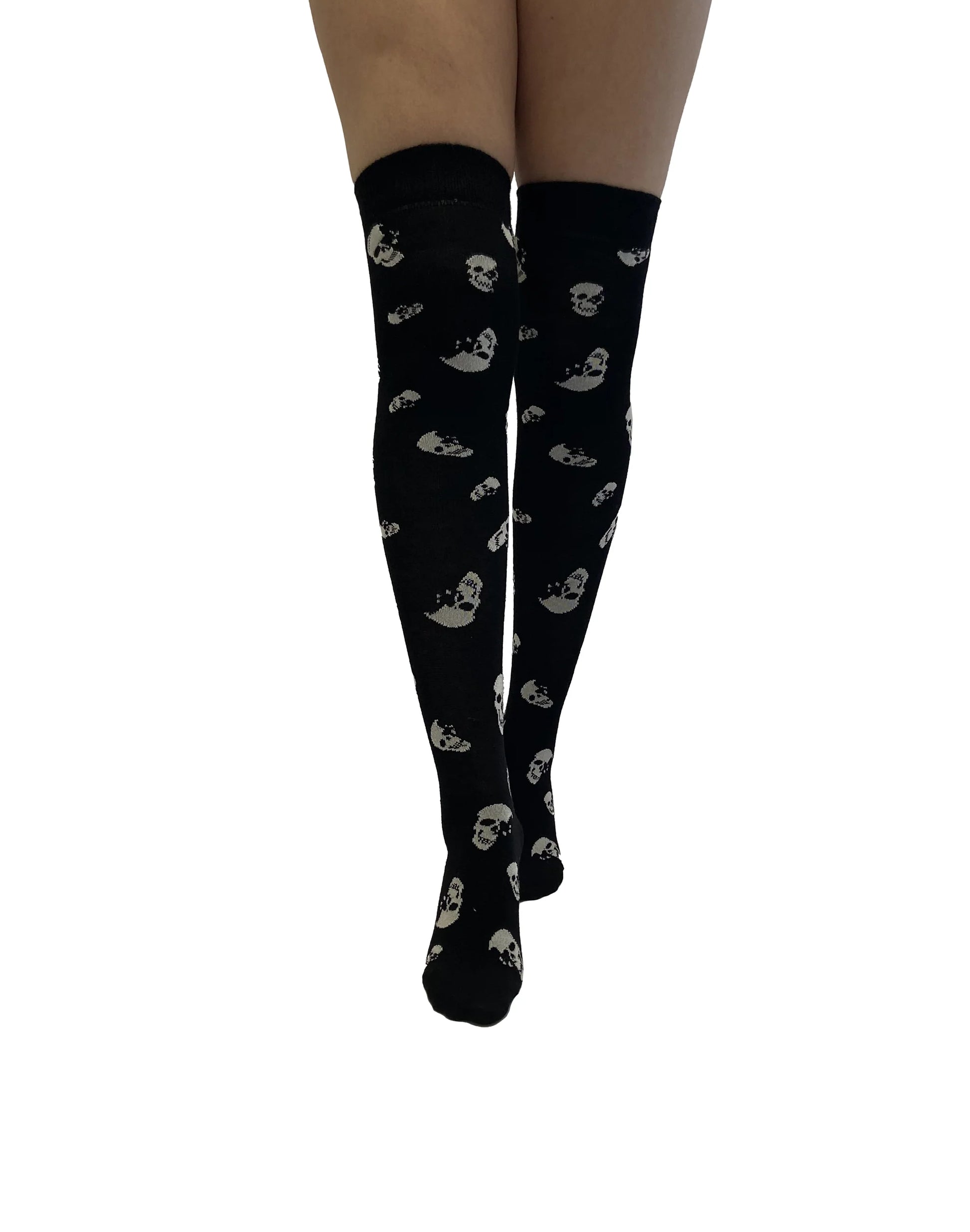 Pamela Mann Skulls Over-Knee Socks - Black cotton mix otk long socks with a white all over skull pattern.
