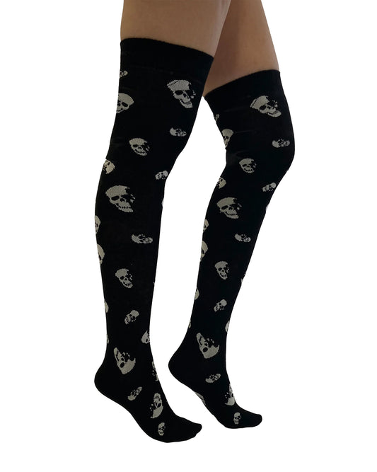 Pamela Mann Skulls Over-Knee Socks - Black cotton mix over the knee long socks with a white all over skull pattern.
