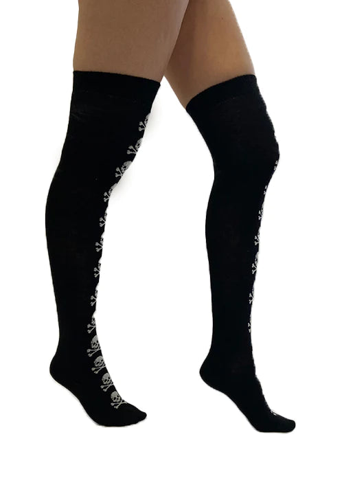 Pamela Mann Skull & Crossbones Over-Knee Socks - Black cotton mix over the knee long socks with white skull and cross-bones stripe