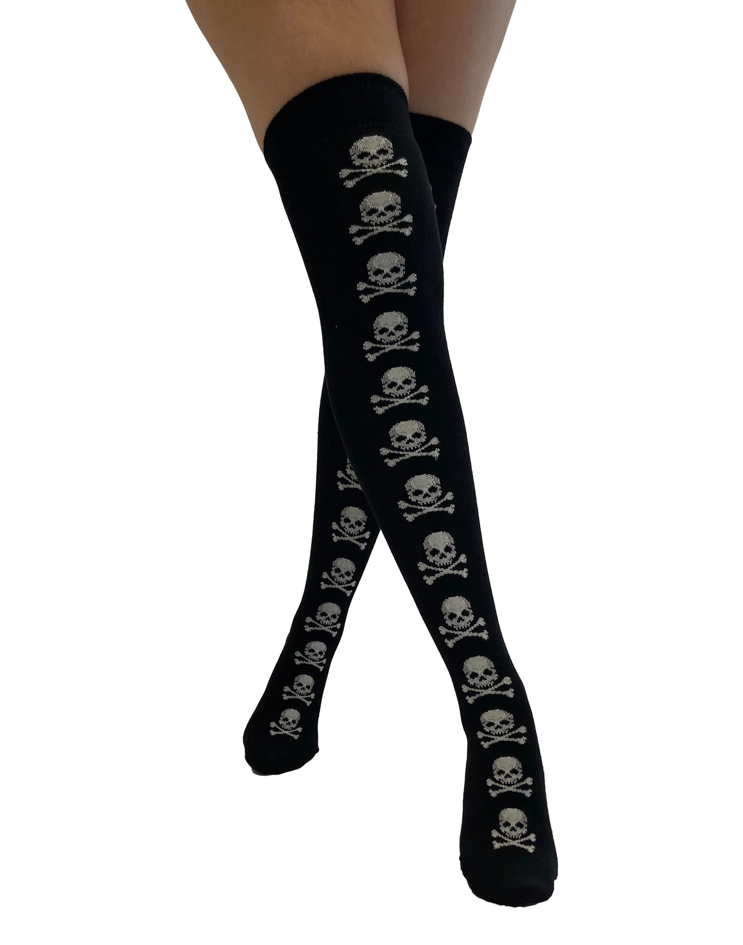 Pamela Mann Skull & Crossbones Over-Knee Socks - Black cotton mix over the knee long socks with white pirate skull and cross-bones stripe going down the front of the leg.