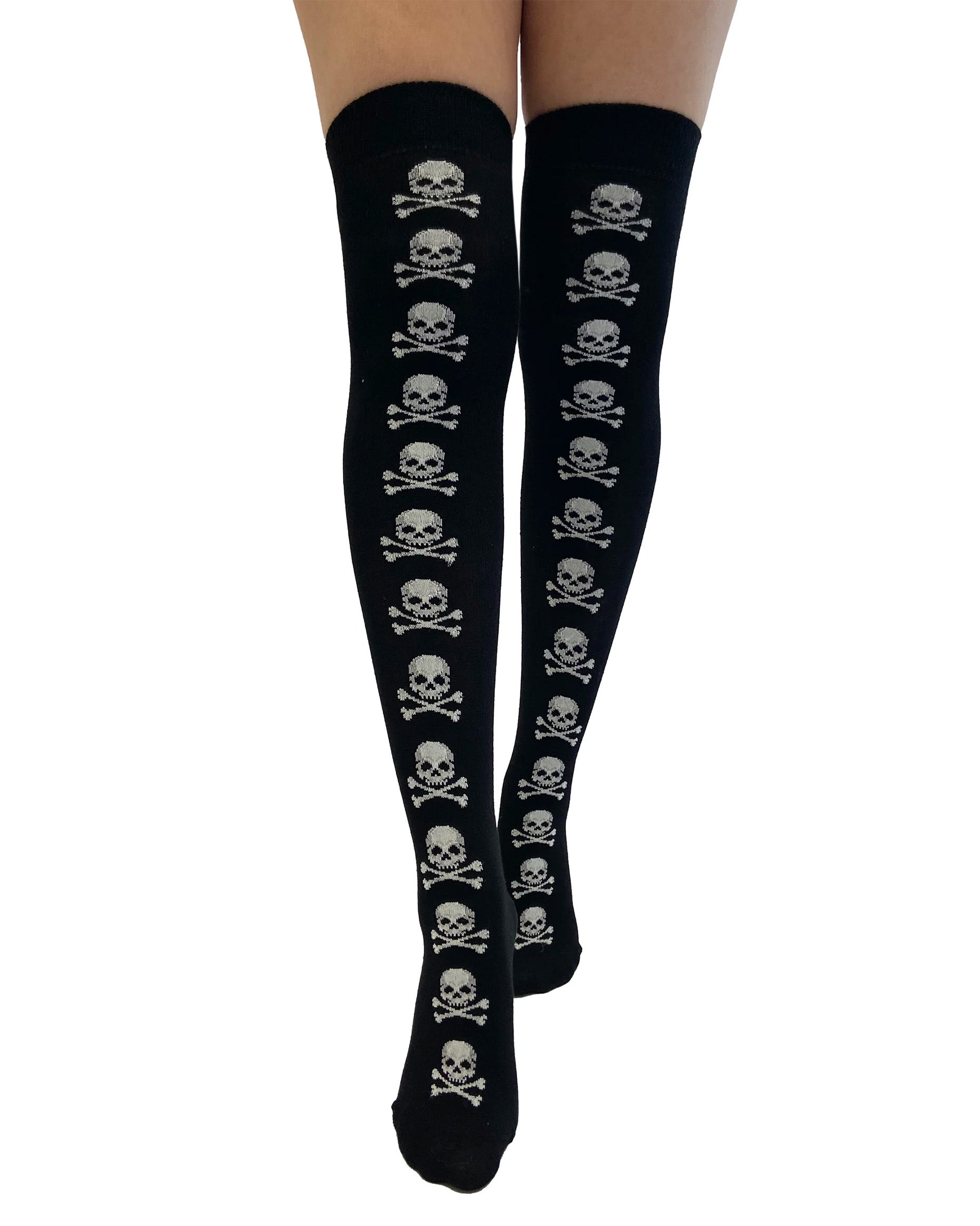 Pamela Mann Skull & Crossbones Over-Knee Socks - Black cotton mix over the knee long socks with white skull and cross-bones stripe going down the front of the leg. 