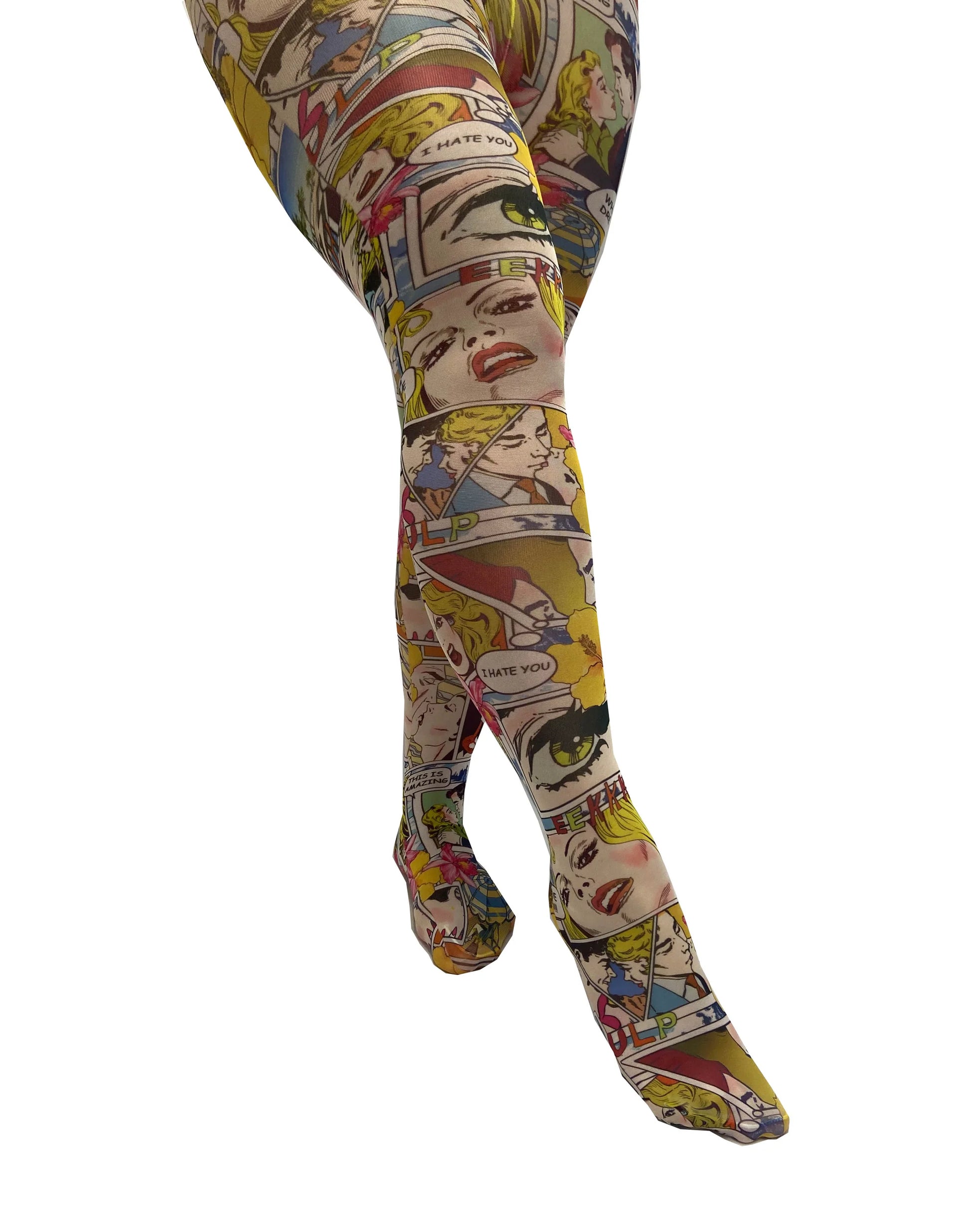 Pamela Mann Paradise Island Printed Tights - White opaque all over multicoloured comic book style printed tights.