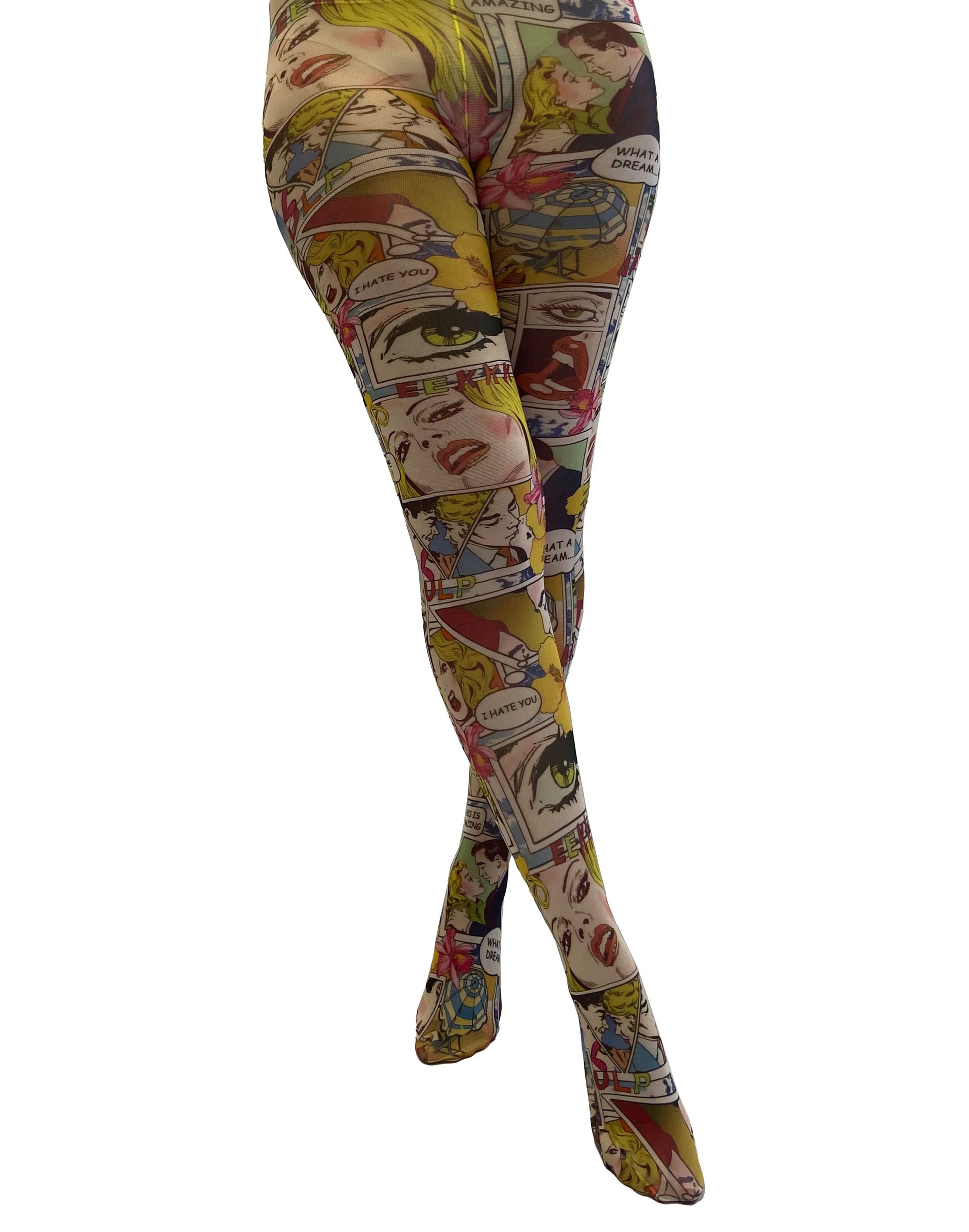 Pamela Mann Paradise Island Printed Tights - White opaque all over multicoloured comic book style printed tights.