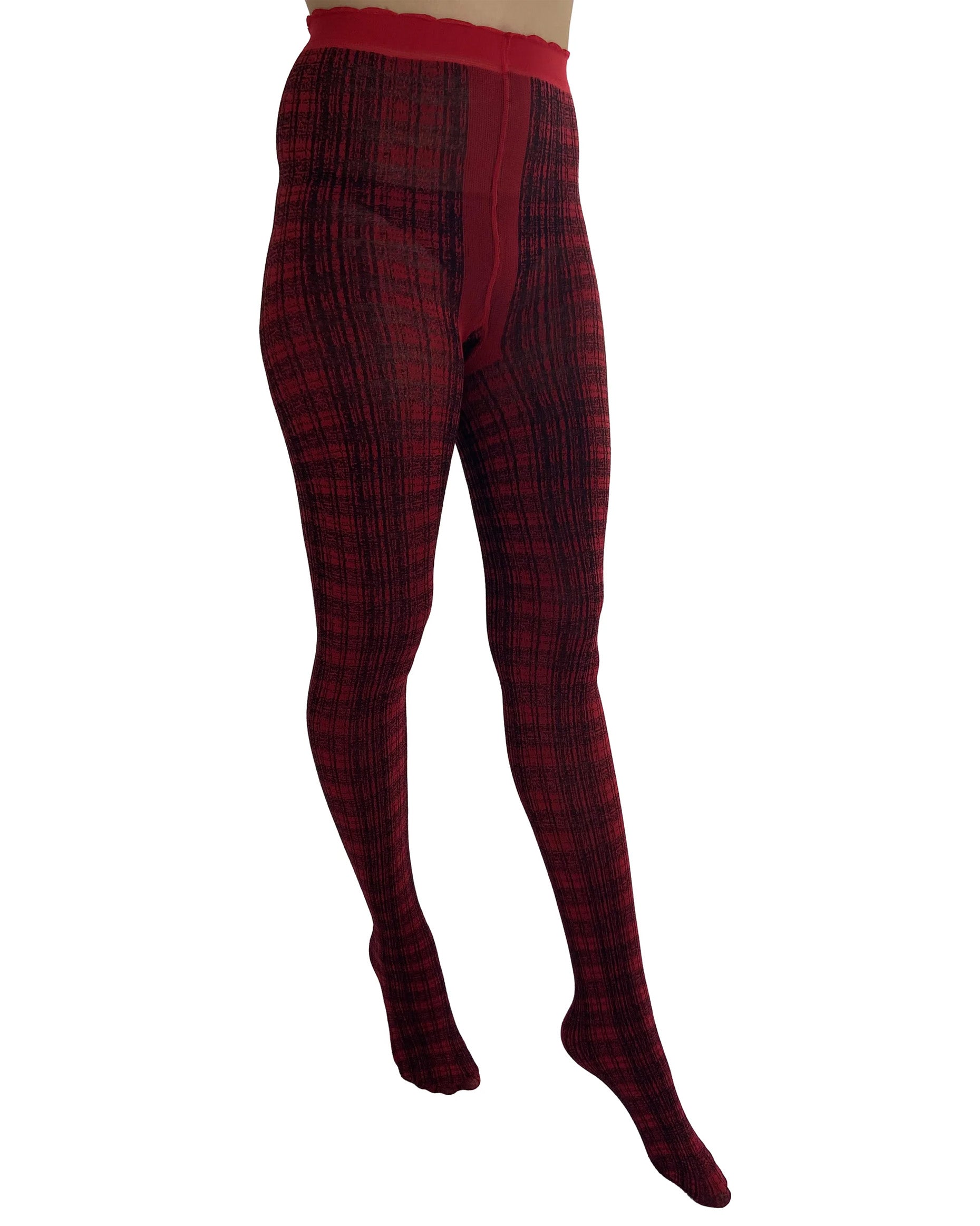 Pamela Mann Red Texture Tartan Tights - Red opaque fashion tights with a black textured tartan style pattern, comfort waistband, flat seams and gusset.