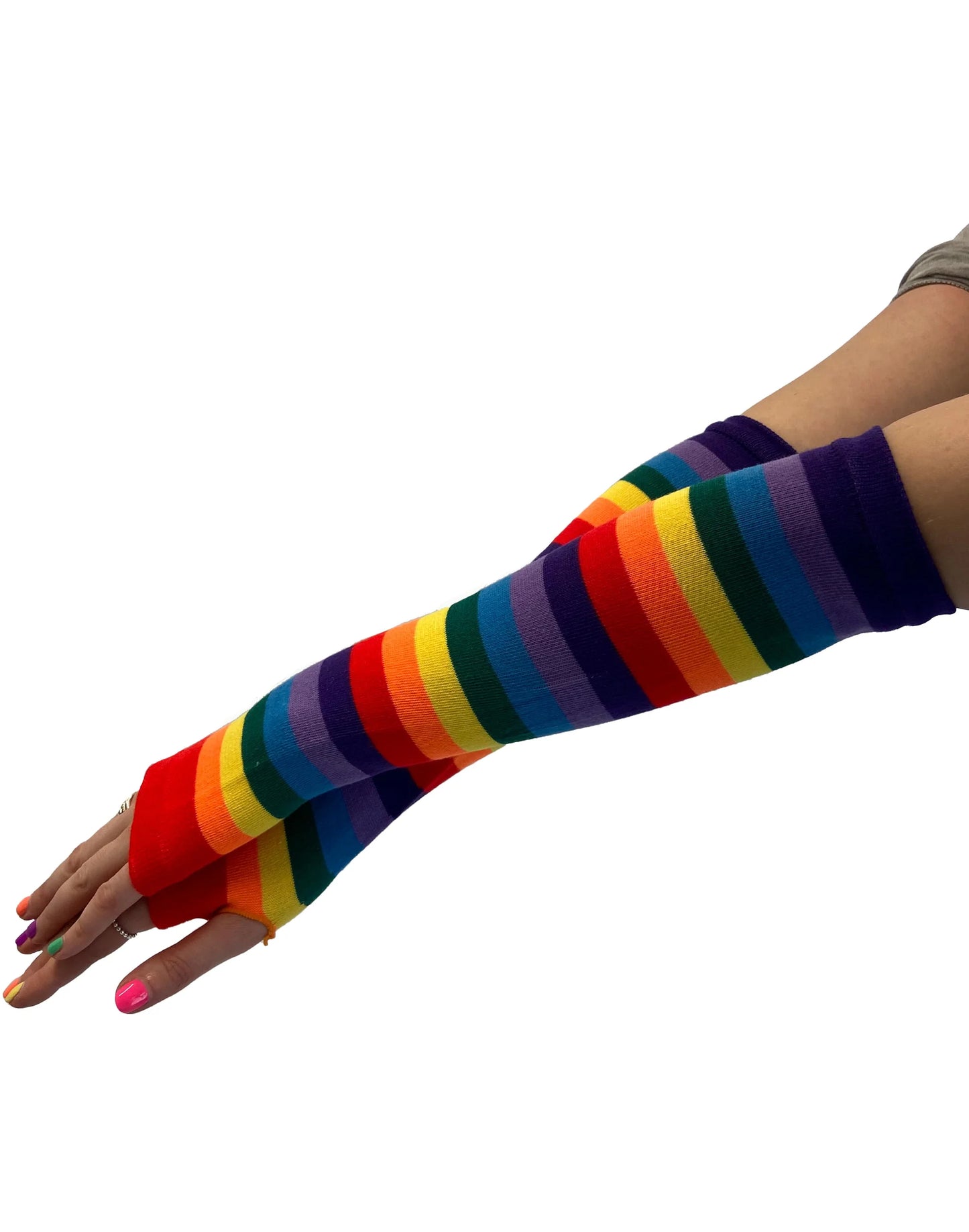 Pamela Mann Rainbow Stripe Sleevers - Multicoloured horizontal rainbow striped knitted tube arm sleeves with a hole for your thumb, can also be worn as a neat legwarmer.