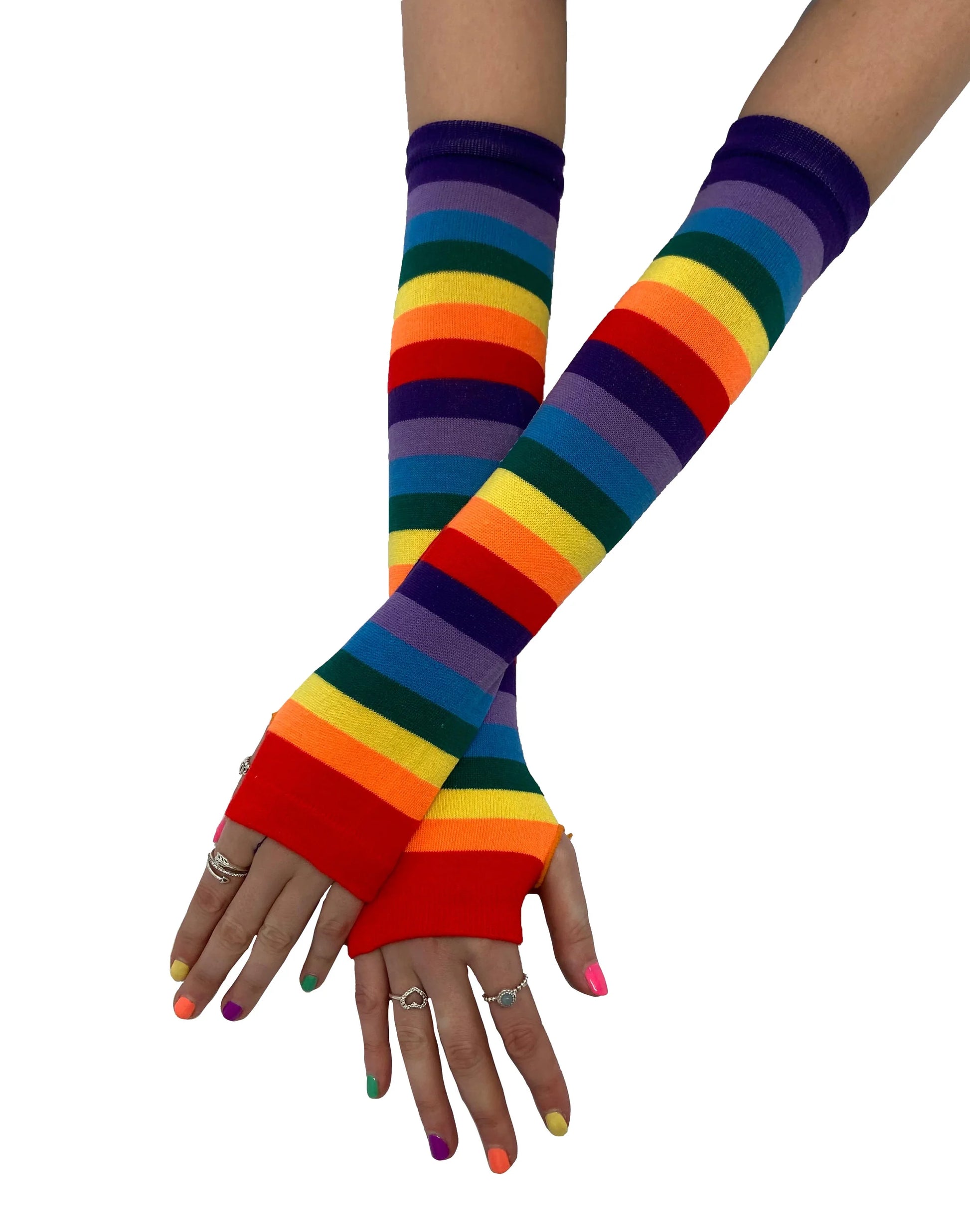 Pamela Mann Rainbow Stripe Sleevers - Multicoloured horizontal rainbow striped knitted tube arm sleeves with a hole for your thumb, perfect for lgbtq+ gay pride.