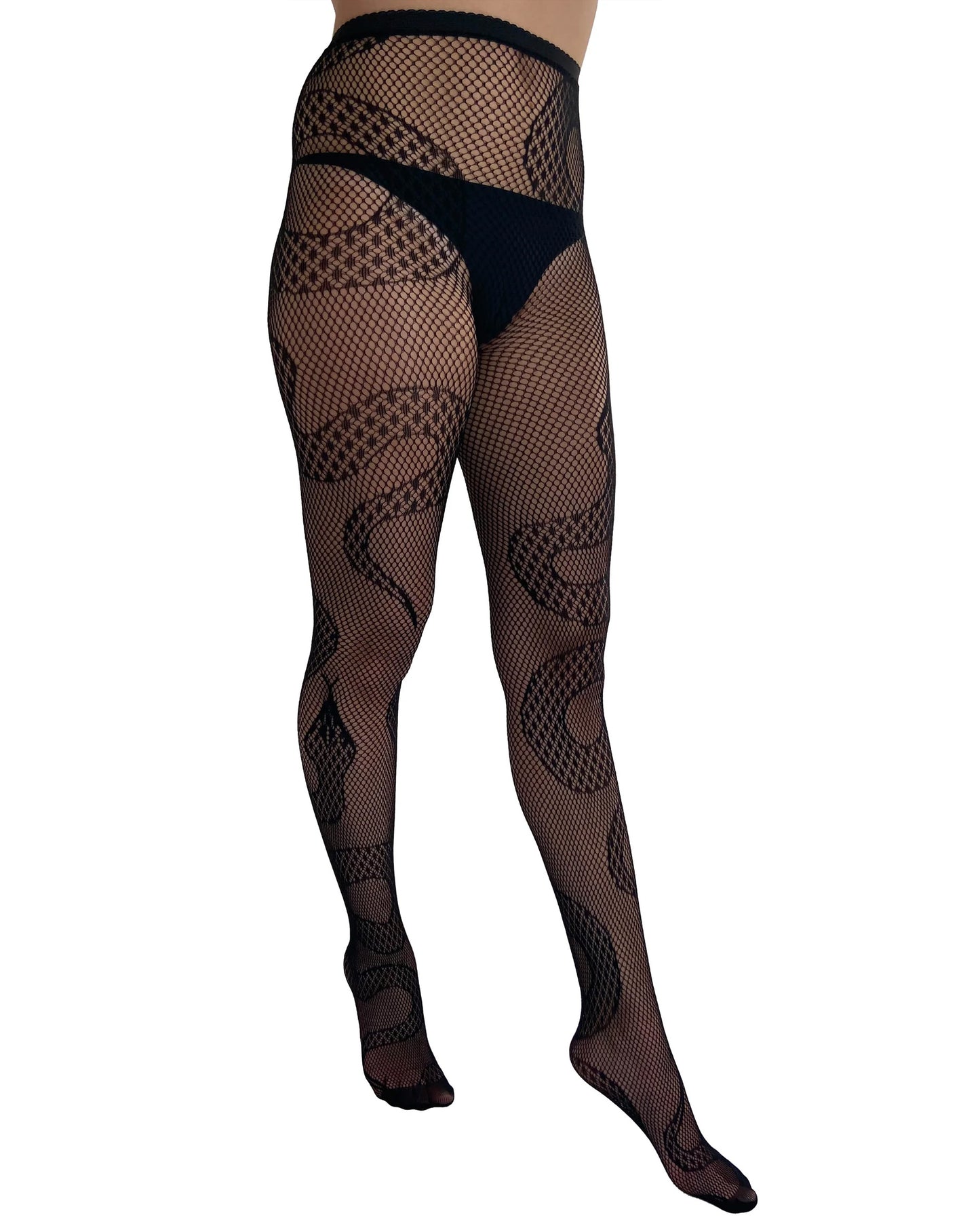 Pamela Mann Snake Net Tights - Black openwork fishnet tights with an all over snake design and seamless body.