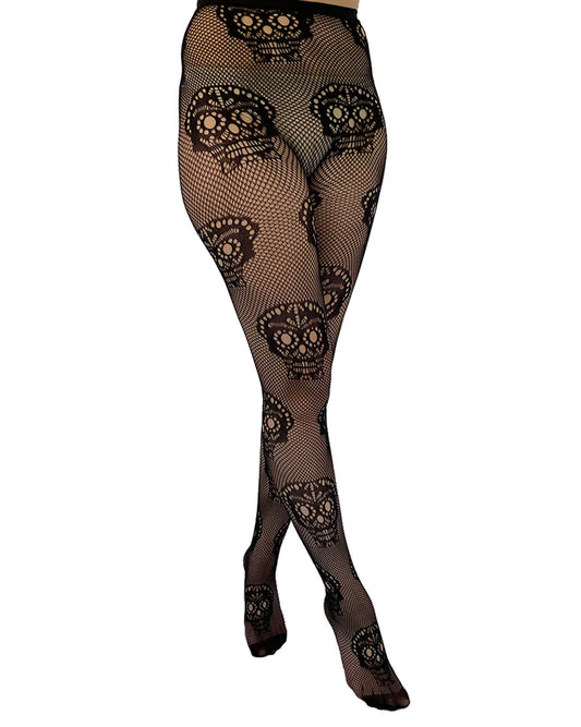 Pamela Mann Sugar Skull Net Tights - Black openwork sugar skull style fashion fishnet tights, perfect for Halloween.