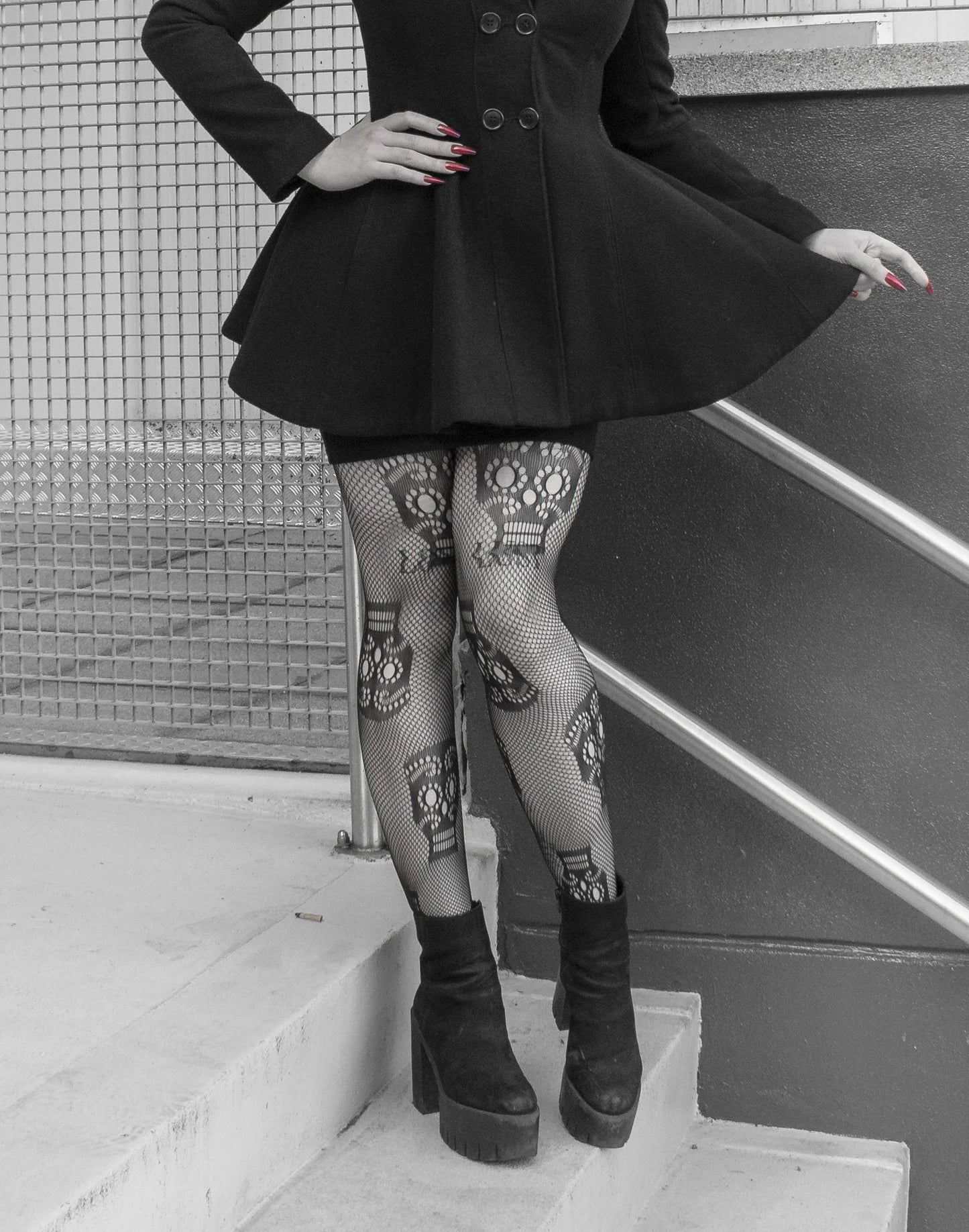 Pamela Mann Sugar Skull Net Tights - Black openwork sugar skull style fashion fishnet tights, worn with black angle boots and wool coat.