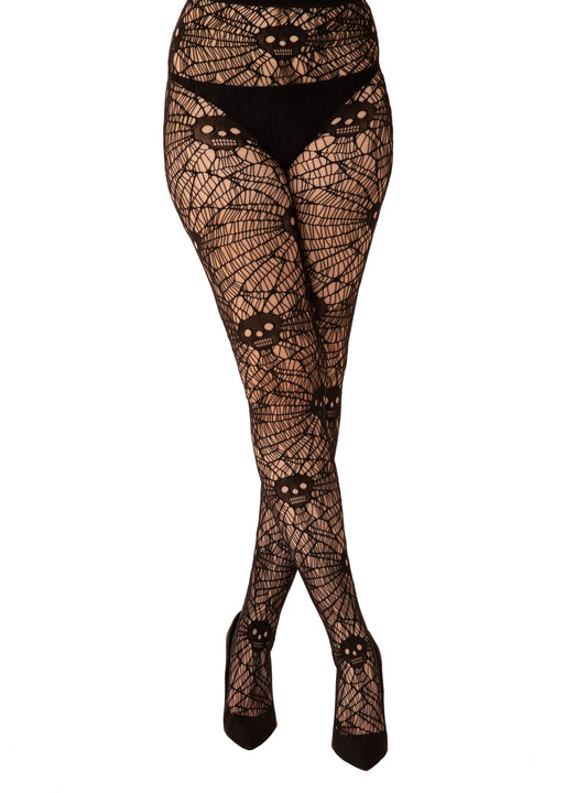 Pamela Mann Skull & Web Tights - Black cobweb netted tights with skulls, perfect for Halloween.