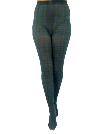White opaque fashion tights with a green and navy tartan printed pattern. Front view.