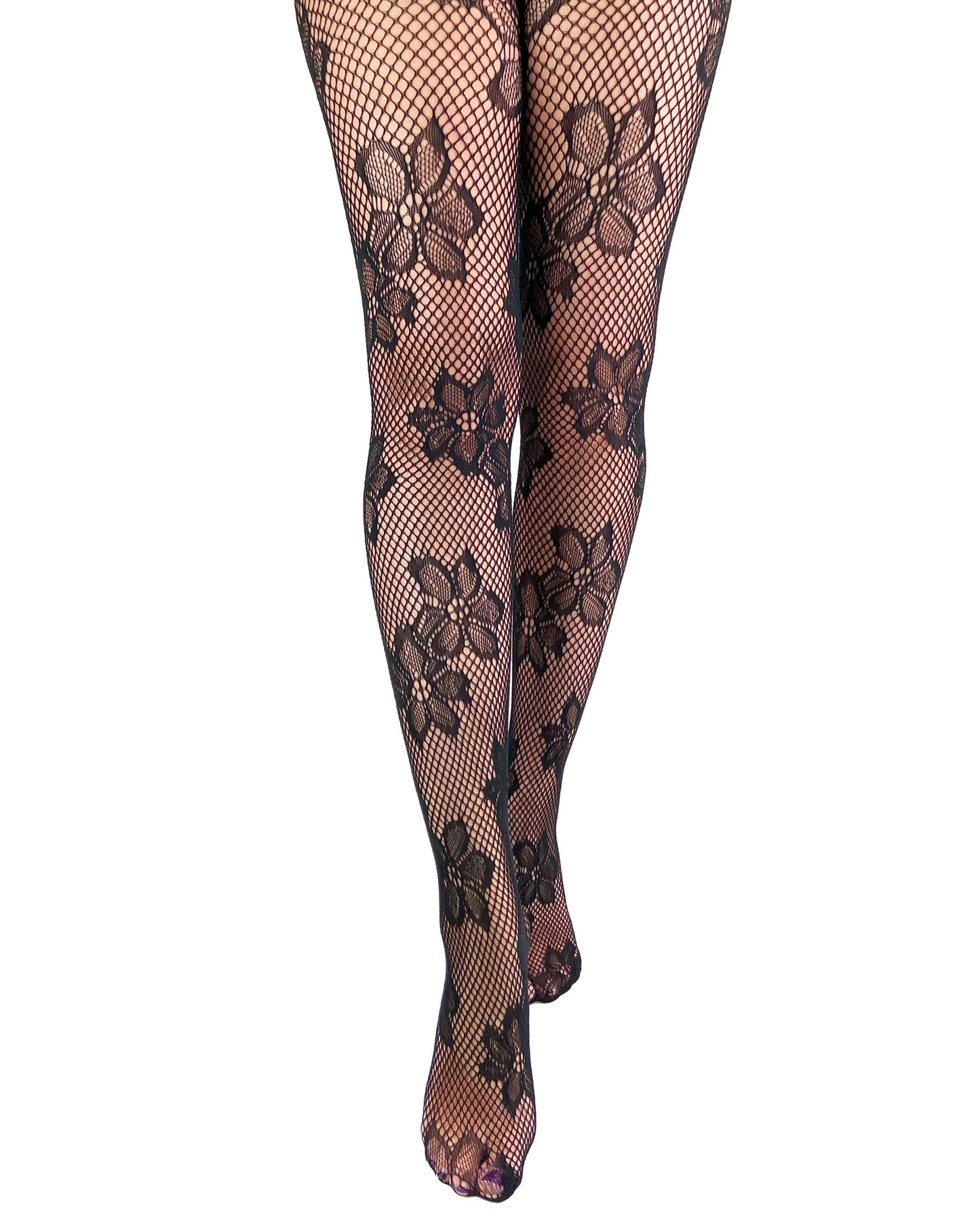 Pamela Mann Blossom Net Tights - Black openwork seamless fishnet tights with a floral design pattern.