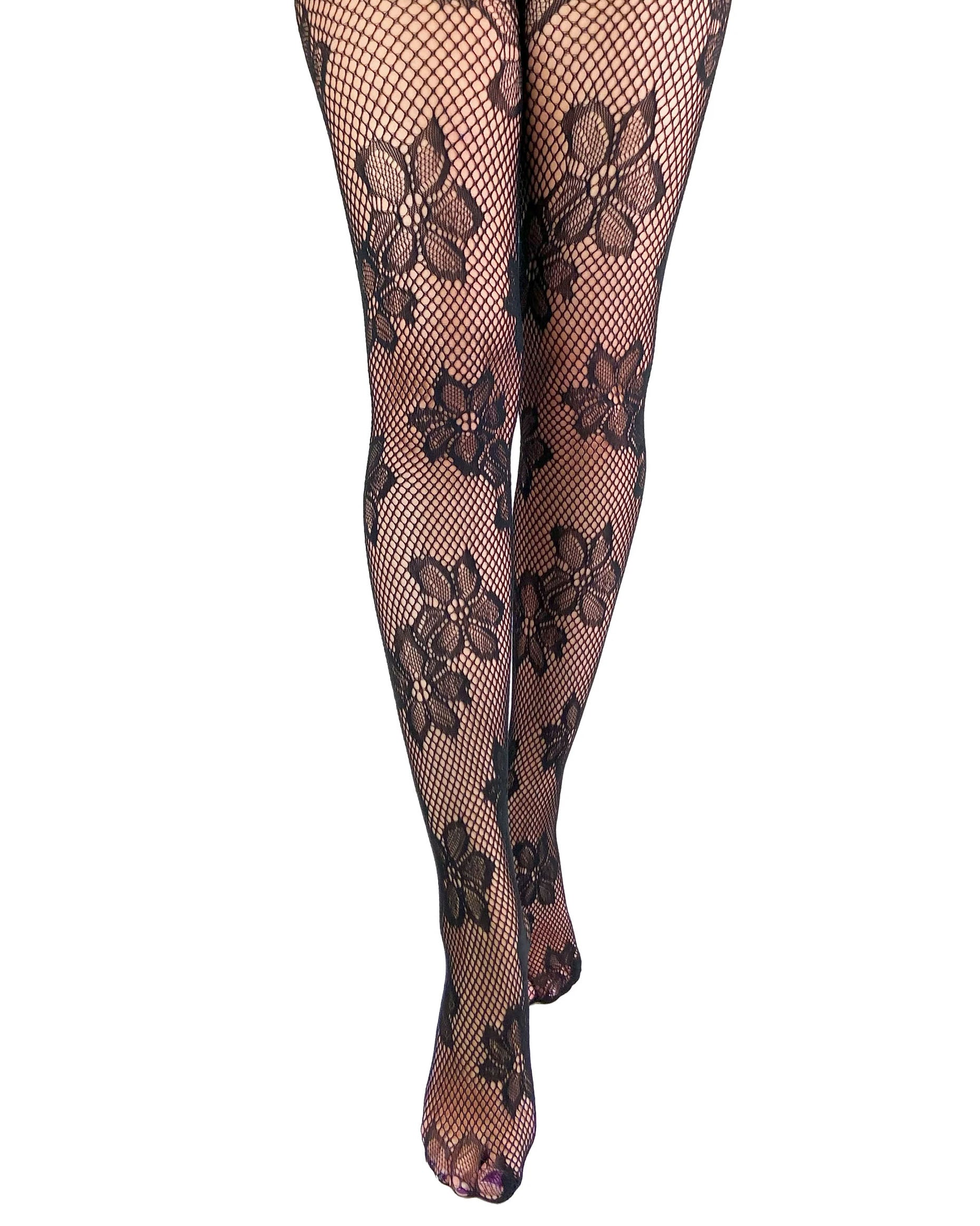Pamela Mann Blossom Net Tights - Black openwork seamless fishnet tights with a floral design pattern.