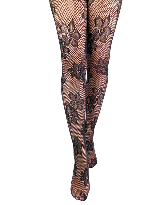 Pamela Mann Blossom Net Tights - Black openwork seamless fishnet tights with a floral design pattern.