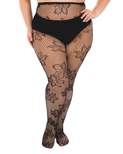 Pamela Mann Blossom Net Tights - Super stretch black openwork seamless fishnet tights with a floral design pattern.