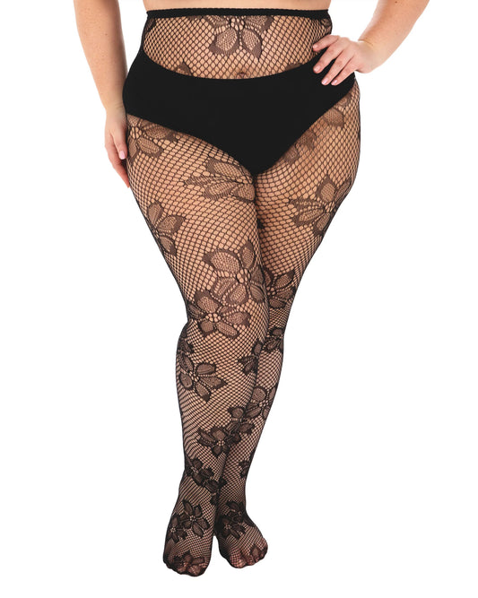 Pamela Mann Blossom Net Tights - Super stretch black openwork seamless fishnet tights with a floral design pattern.