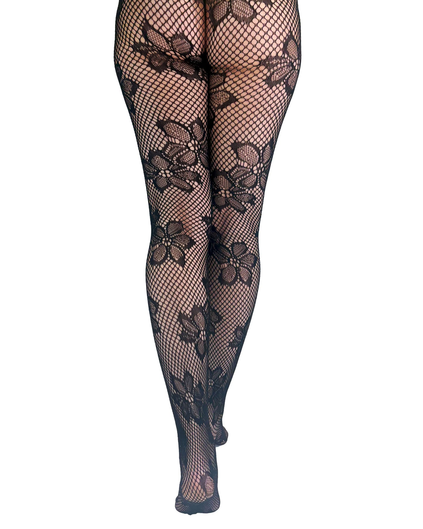 Pamela Mann Blossom Net Tights - Black openwork seamless fishnet tights with a floral design pattern. Back view.